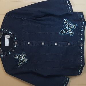 Alfred Dunner Women's Size 14 Dark Blue Denium Jean Jacket with Butterfly Accent